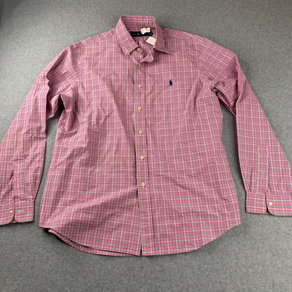 Ralph Lauren Button Down Shirt Mens L Pink Plaid Long Sleeve Pony Logo